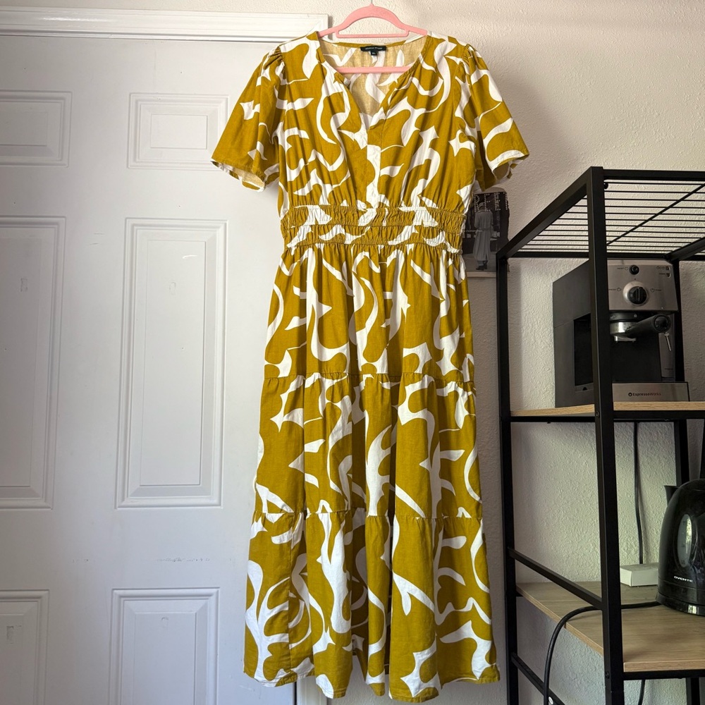 MEADOW‎ RHODES mustard white abstract floral short sleeve tiered midi dress